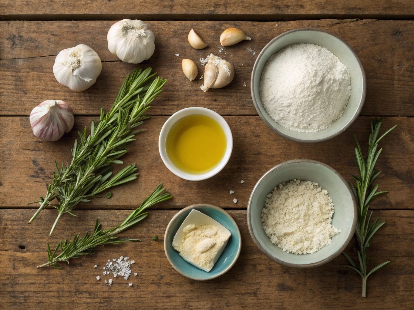 Ingredients for garlic and rosemary focaccia