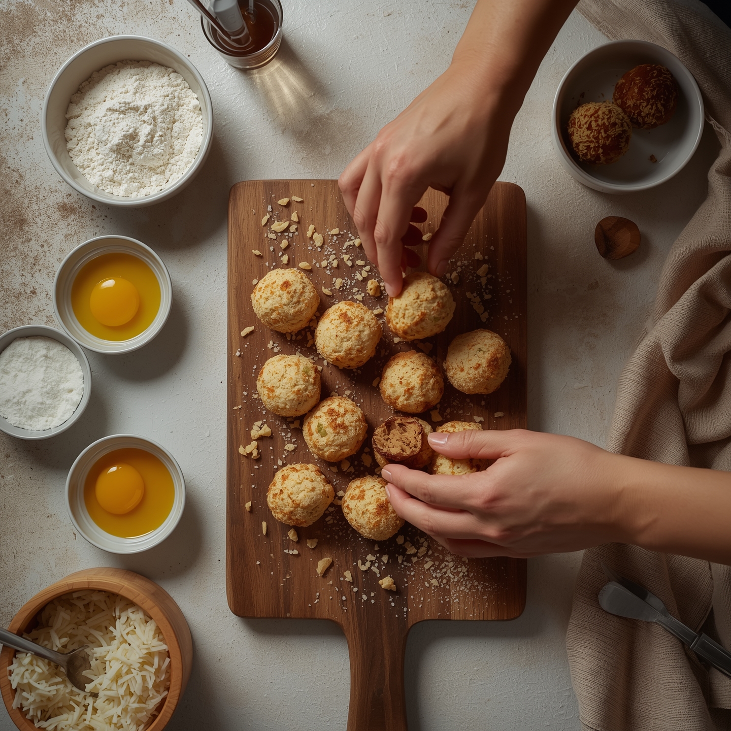 hands shaping arancini balls on a wooden board, small bowls of flour, beaten eggs, and breadcrumbs arranged neatly