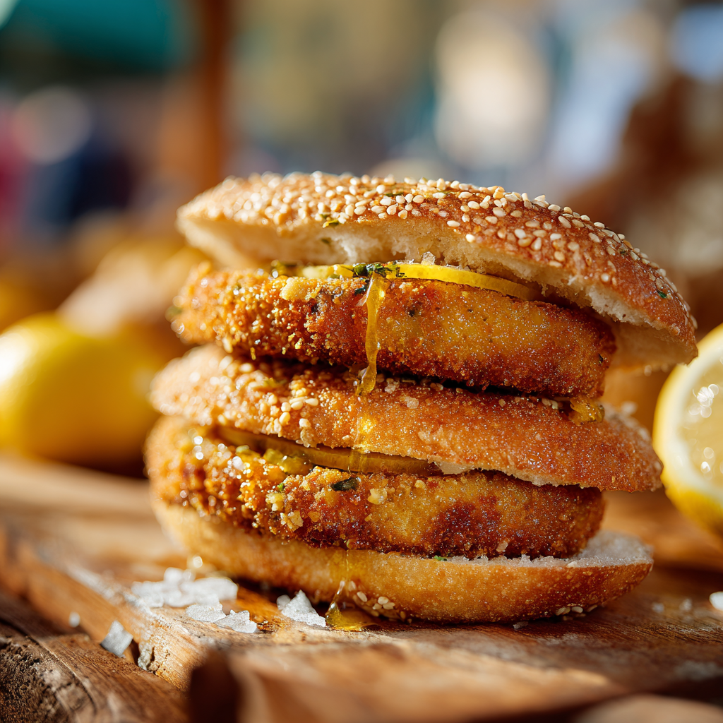 Sicilian panelle sandwich on a rustic wooden table — golden, crispy chickpea fritters stacked inside a sesame roll, sprinkled with salt and drizzled with lemon juice.