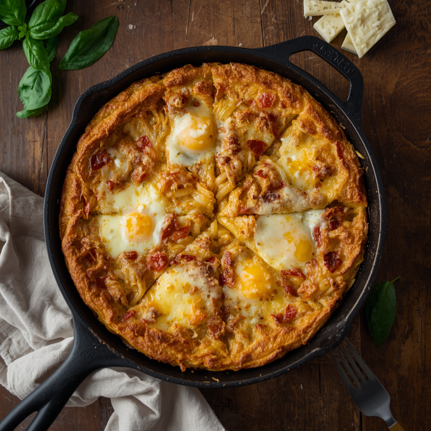 round Italian pasta frittata made from spaghetti, eggs, and melted cheese, sliced into wedges