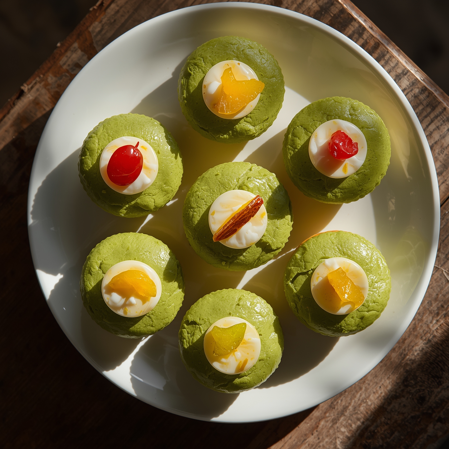 six Cassata Siciliana mini cakes on a white ceramic plate