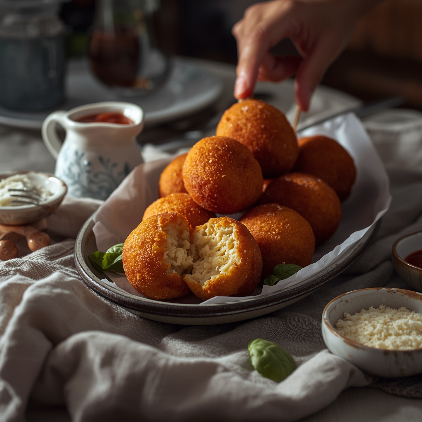 a plate of golden-brown arancini alla norma, one cut open showing creamy rice