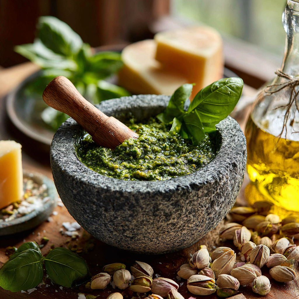 pesto di pistacchi in a stone mortar with a wooden pestle, surrounded by basil leaves, shelled pistachios, Pecorino cheese, and a bottle of extra virgin olive oil.