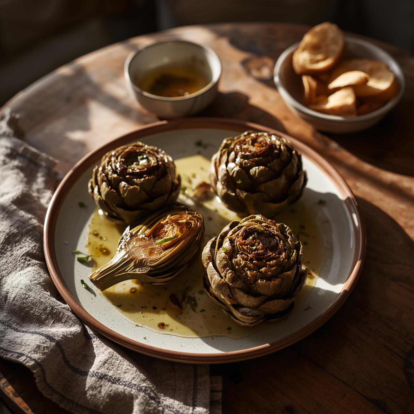 A rustic Roman table with 4 glossy braised artichokes on a ceramic platter, drizzled with olive oil and herb