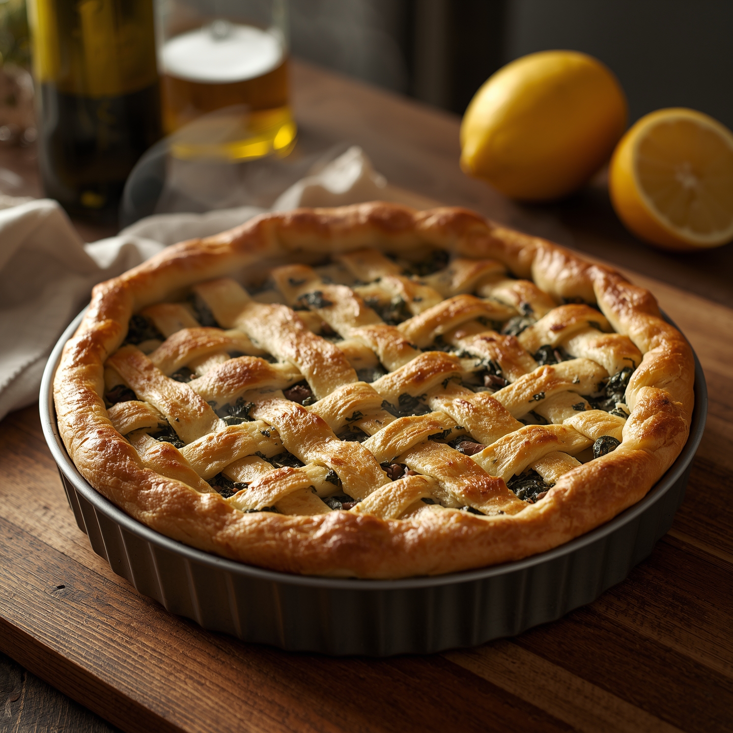 baked Italian torta salata with spinach and ricotta, golden lattice crust, slightly cracked edges