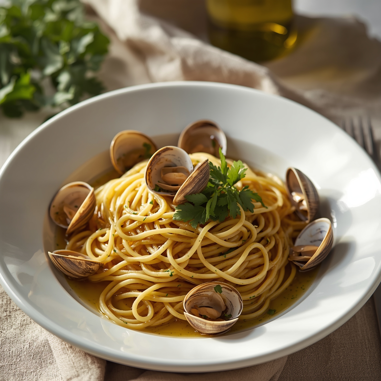 Spaghetti alle Vongole Liguria style, twirled neatly on a white ceramic plate