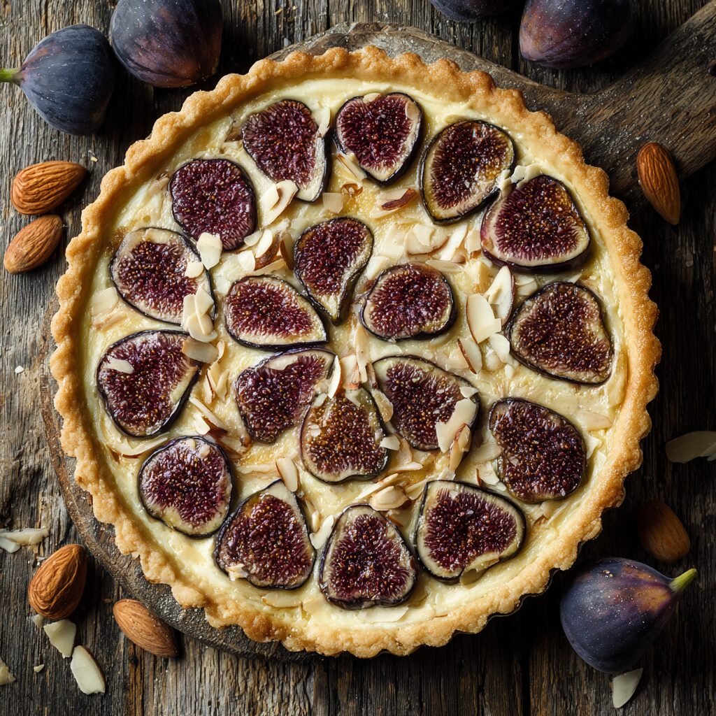 Italian ricotta and fig crostata on a rustic wooden table