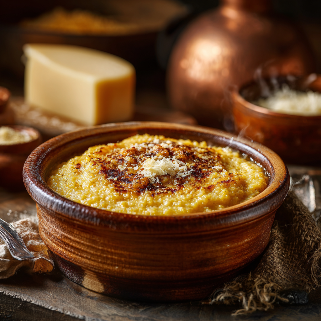 creamy Polenta Taragna made with buckwheat and cornmeal, topped with melted Casera cheese and butter, surrounded by rustic wooden tableware.