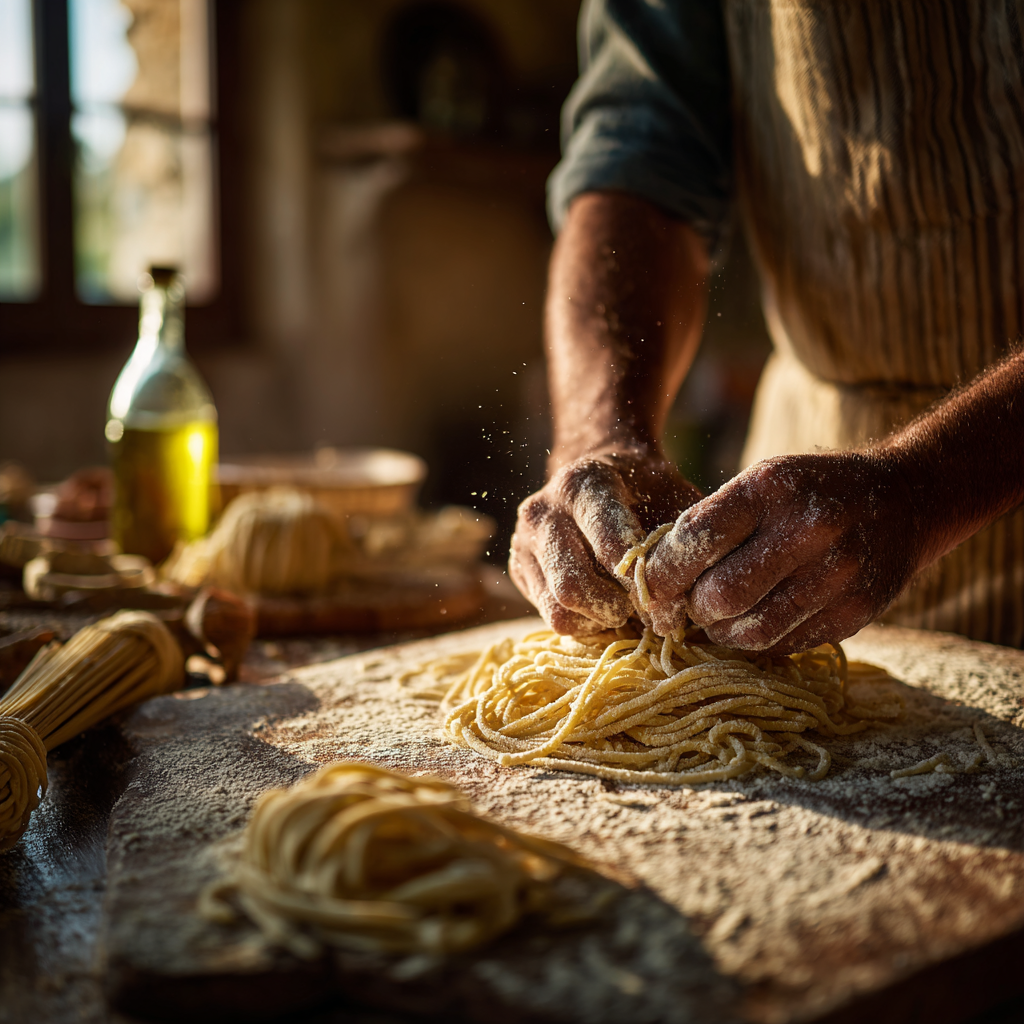 A rustic Tuscan kitchen scene with hand-rolled pici pasta on a wooden board, dusted lightly with flour and semolina.