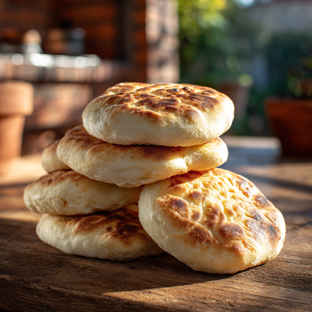 Tigelle bread from Modena, golden brown, stacked on a rustic wooden table.