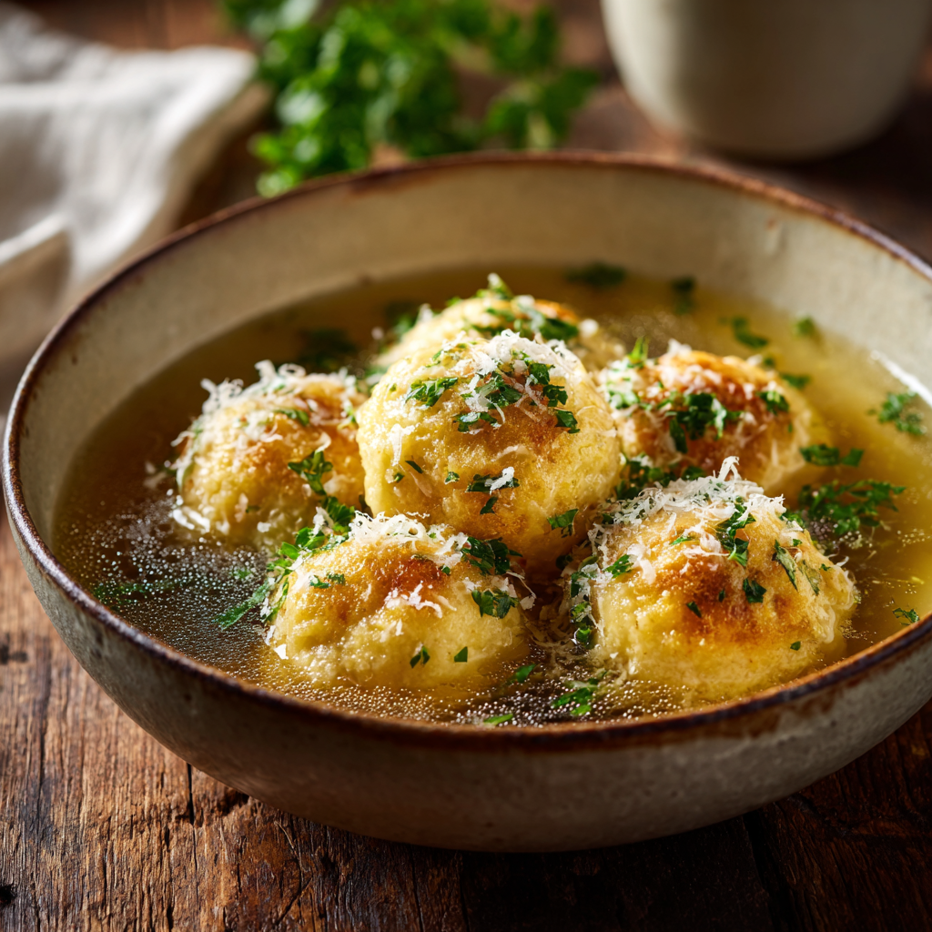 Italian canederli (bread dumplings) served in clear golden chicken broth, topped with grated Parmigiano-Reggiano and chopped parsley.