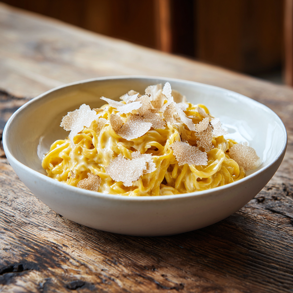 freshly plated Tajarin pasta with truffle. Thin golden-yellow pasta ribbons coated in glossy butter sauce, topped with delicate white truffle shavings.
