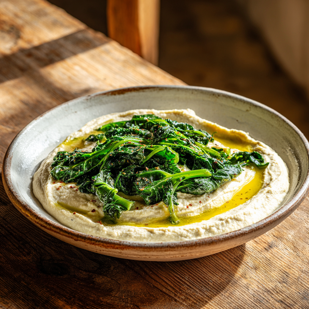 Fave e Cicoria Puglia — creamy fava bean purée topped with bright green chicory greens, drizzled with golden olive oil on a rustic white ceramic plate.