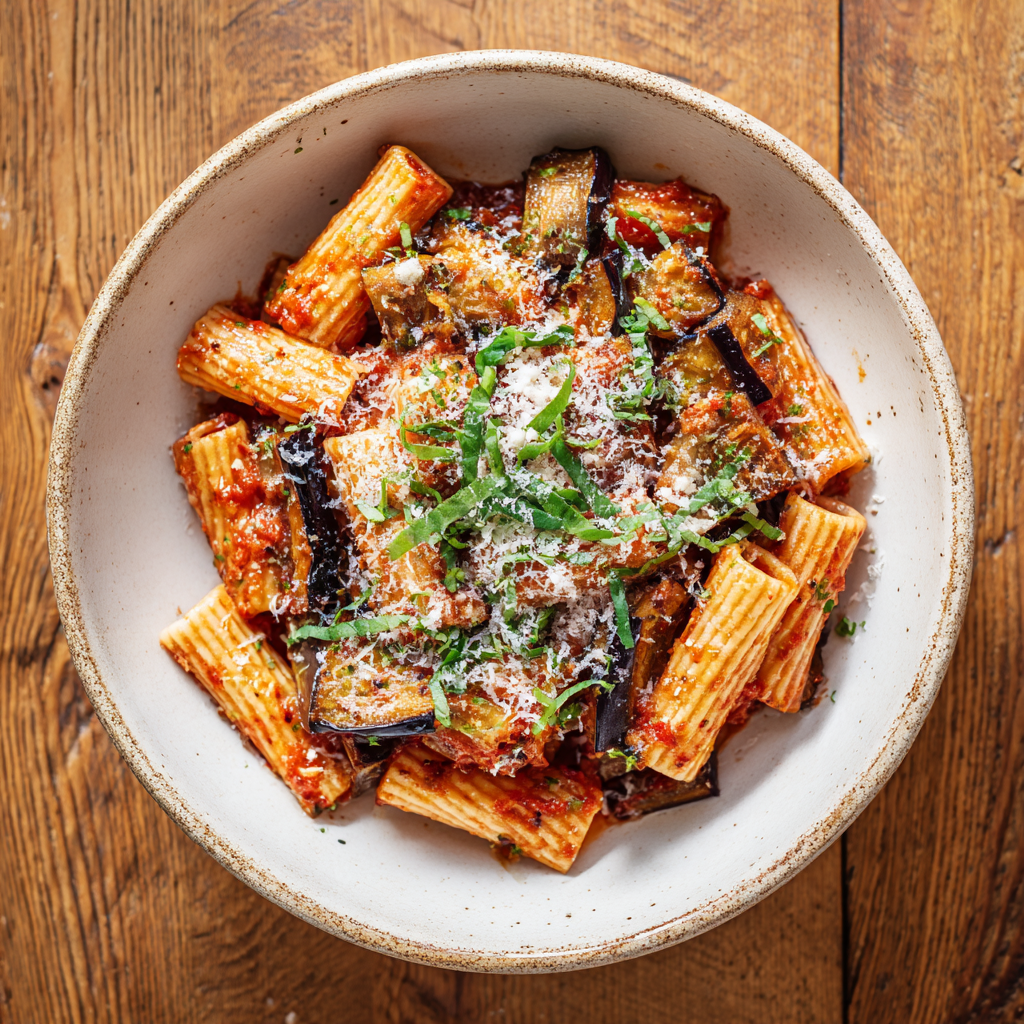 Sicilian pasta con melanzane e ricotta salata, served in a rustic white ceramic bowl on a wooden table.