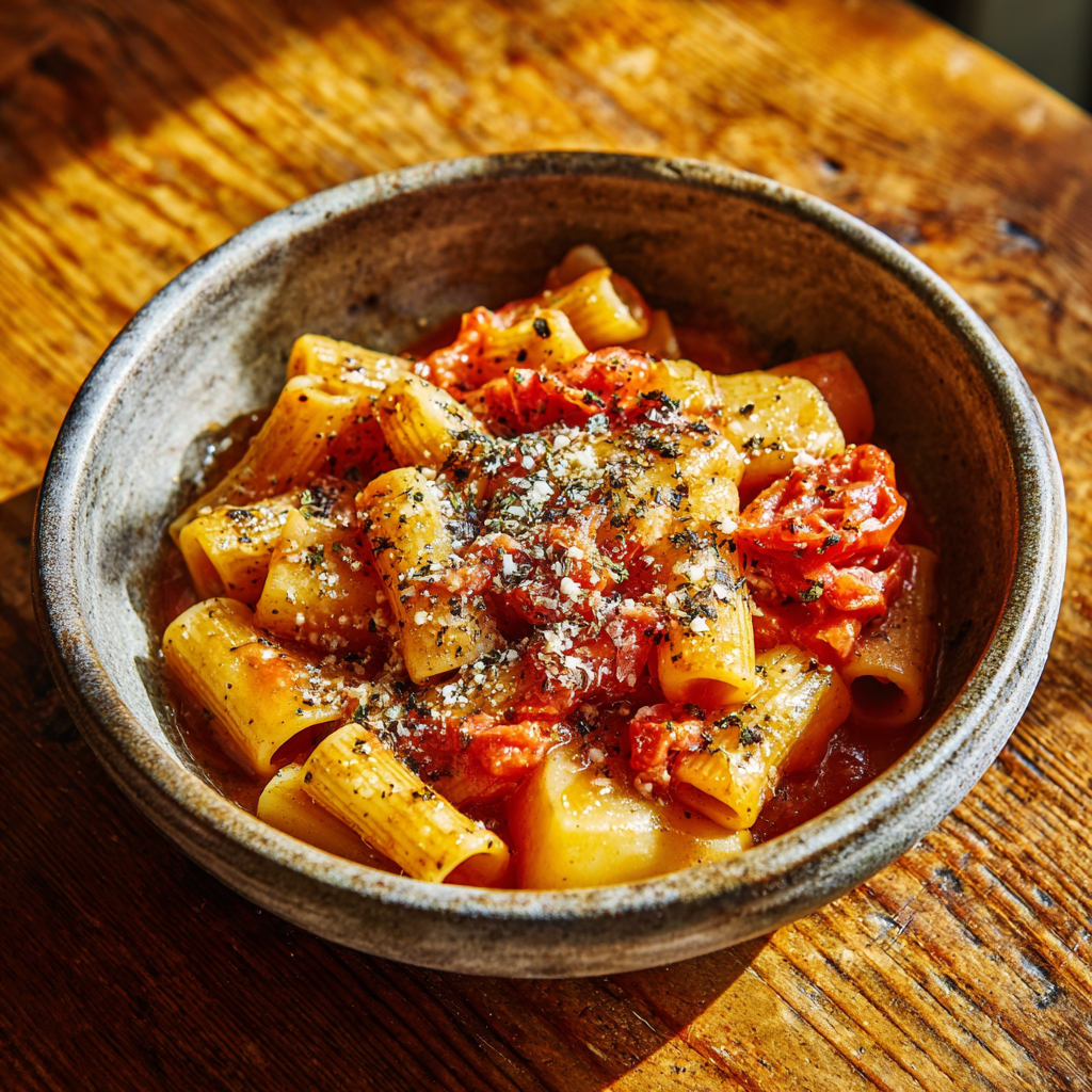 Pasta e Patate alla Napoletana, one-pot pasta with golden potato cubes, short pasta shapes, melted smoked provola, glossy tomato broth, and drizzle of olive oil.