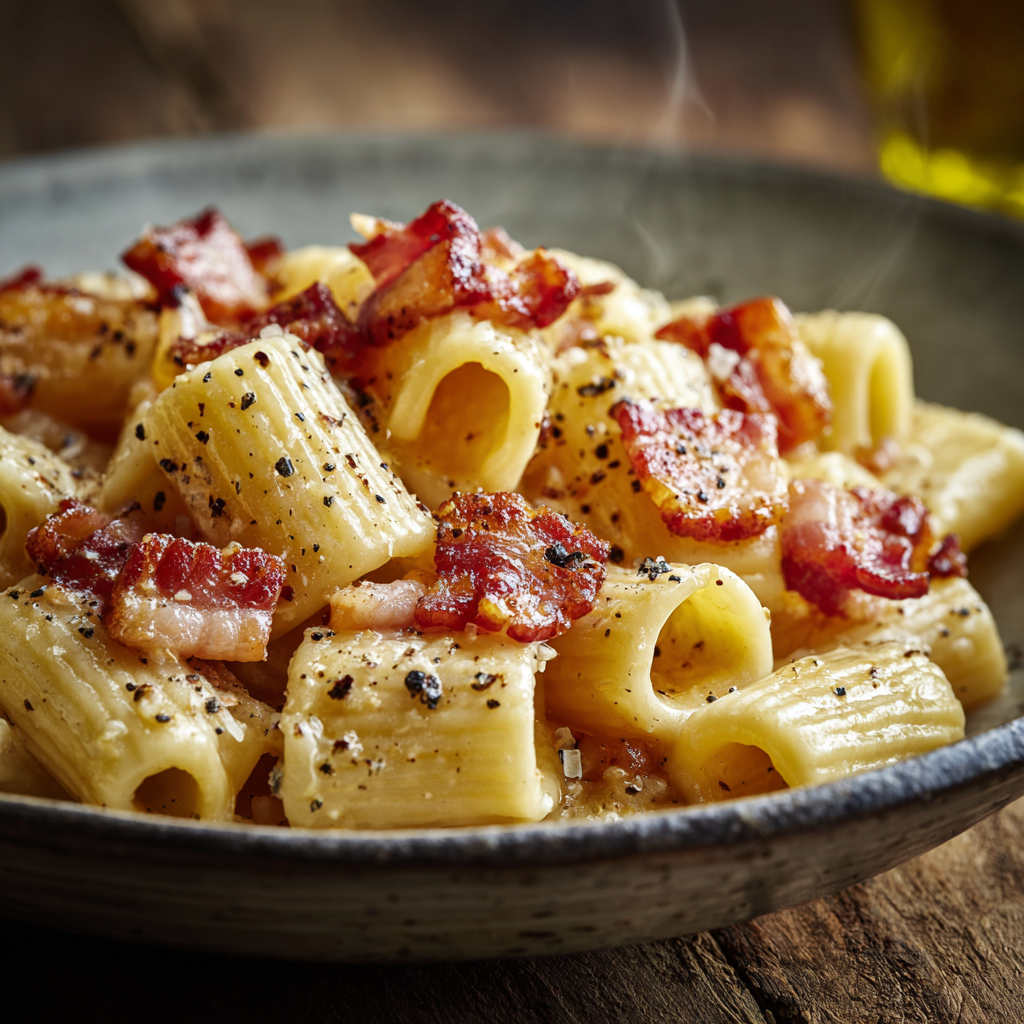 bowl of Pasta alla Gricia served on a rustic wooden table. Golden crispy guanciale pieces glisten on top of creamy, glossy rigatoni coated with Pecorino Romano sauce and black pepper.