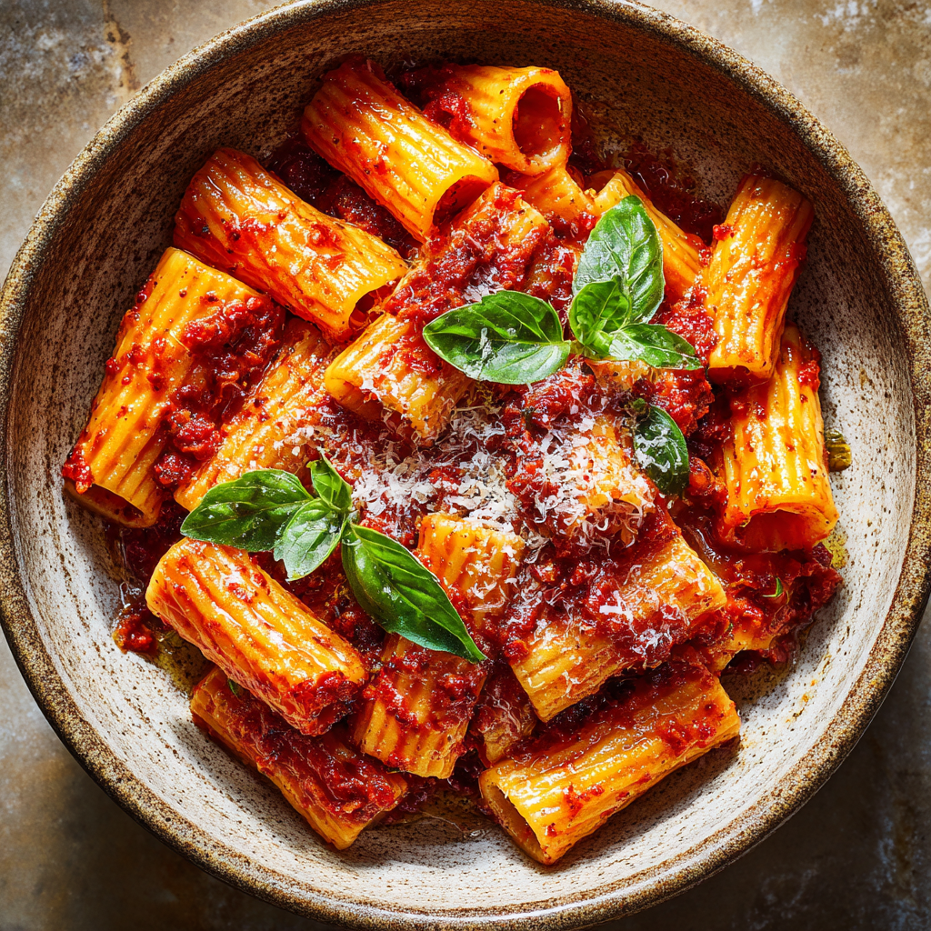 Pasta Arrabbiata with ’Nduja, served in a rustic ceramic bowl.