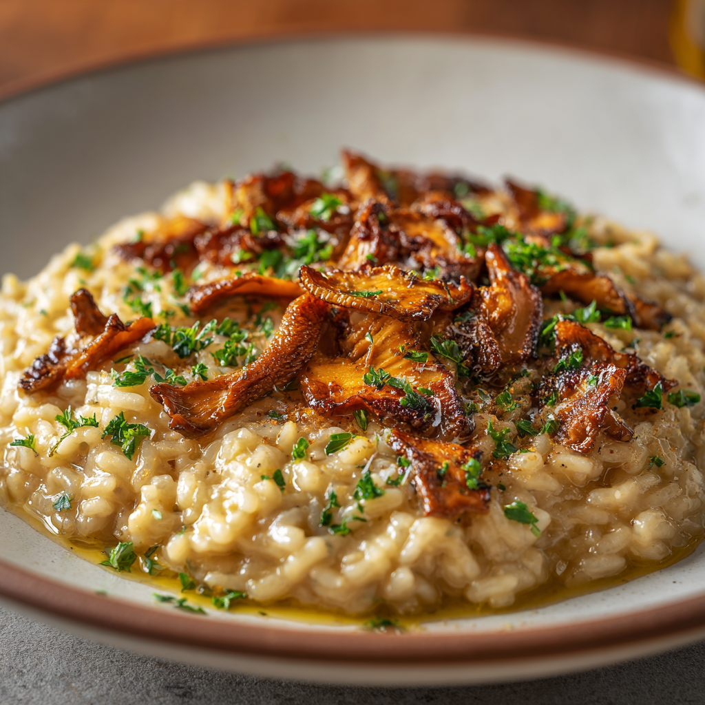 creamy risotto con i funghi porcini served on a warm white ceramic plate, topped with sautéed porcini slices, melted butter sheen, and chopped parsley.