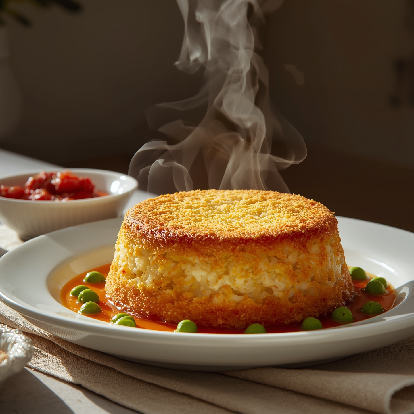 brown Neapolitan rice timbale freshly unmolded on a white ceramic plate,