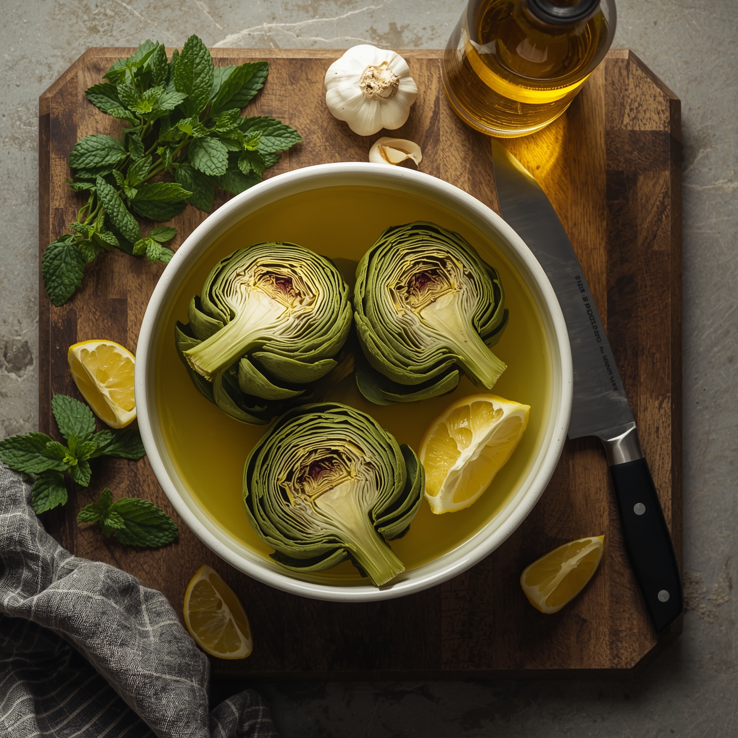 trimmed artichokes resting in lemon water bowl, cutting board with knife and fresh herbs (mint, parsley, garlic), olive oil bottle nearby