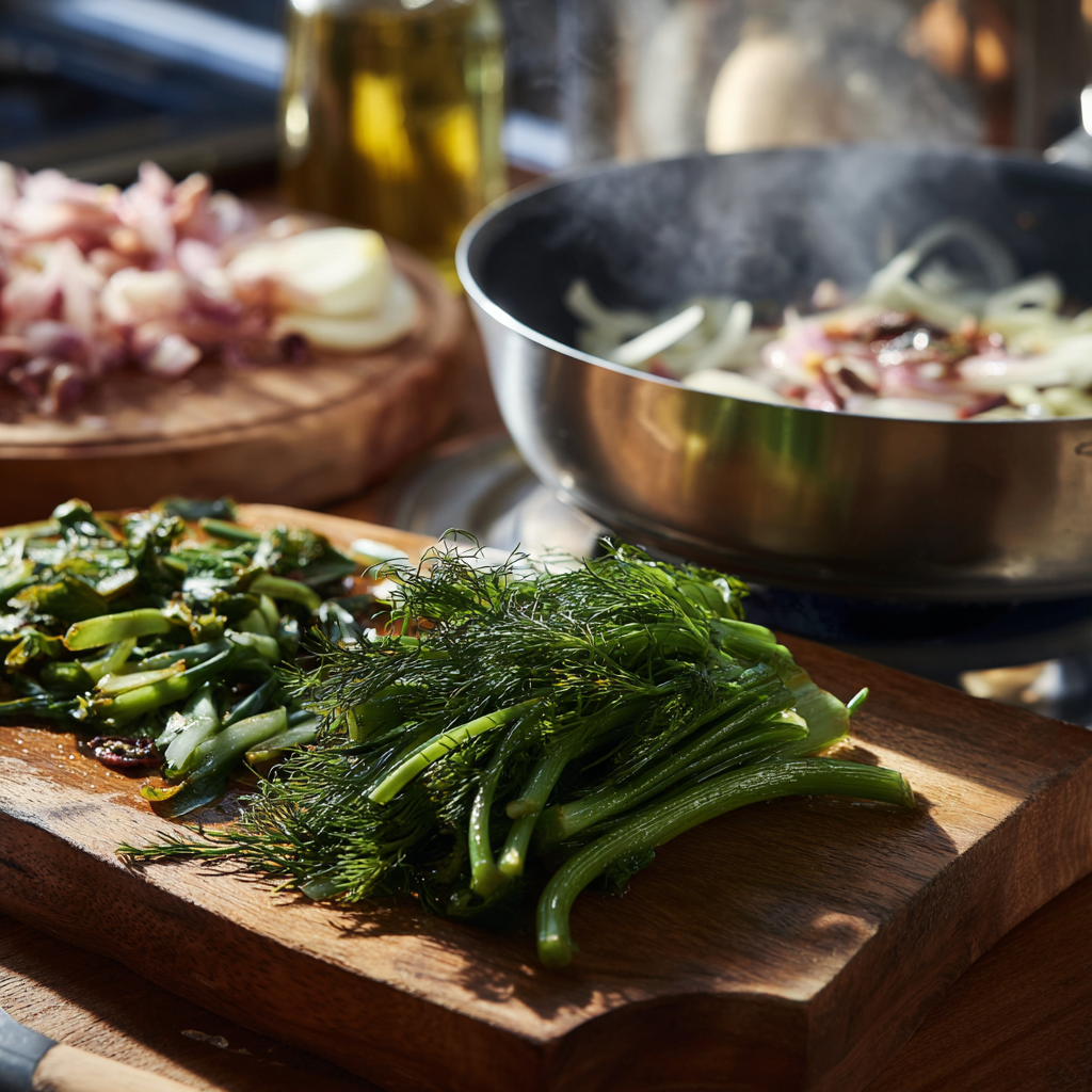 A bright kitchen scene showing wild fennel fronds being blanched in a pot and chopped on a wooden board next to a pan of onions and anchovies in olive oil