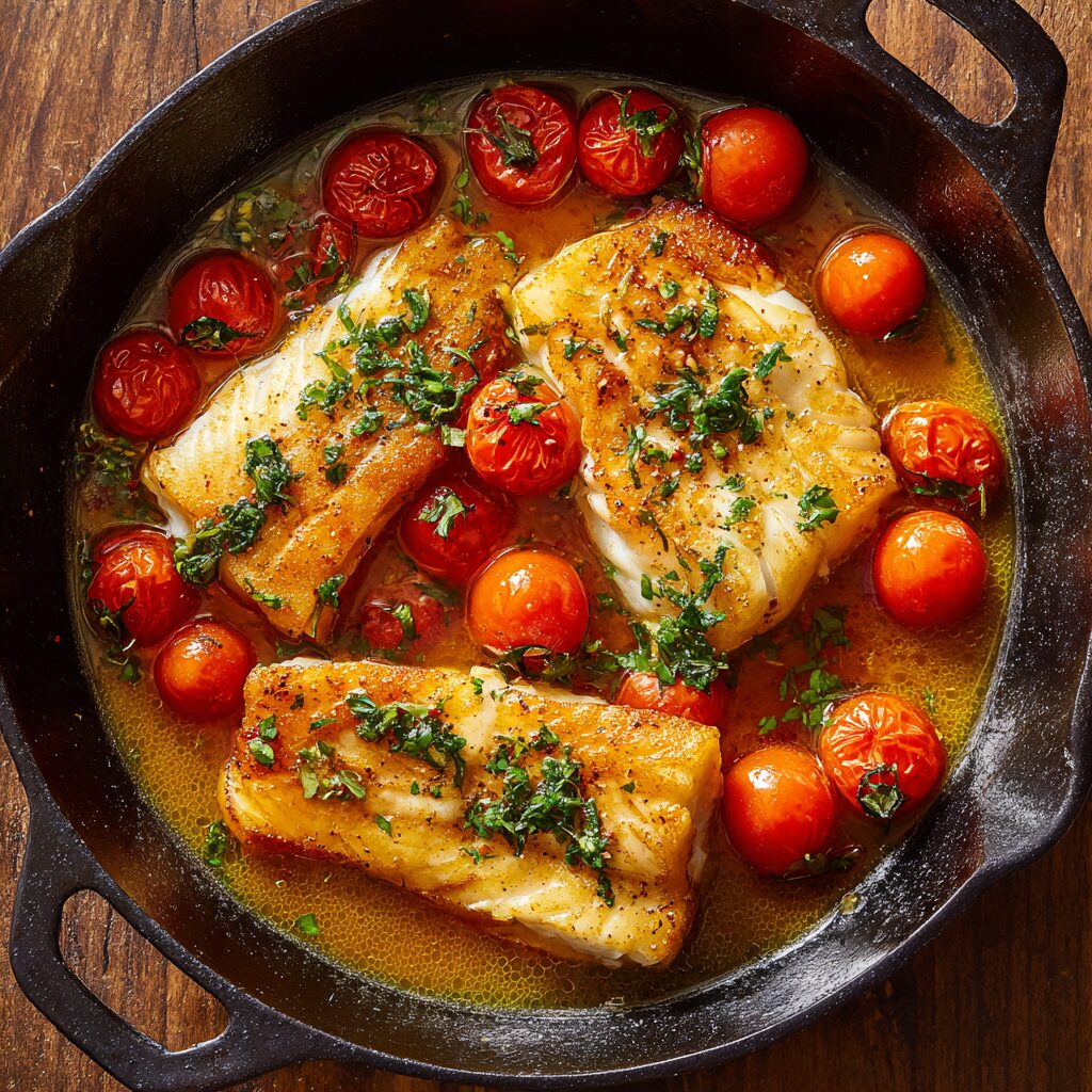 Overhead view of a black cast-iron skillet with fish fillets simmering in a tomato, garlic, and white wine broth