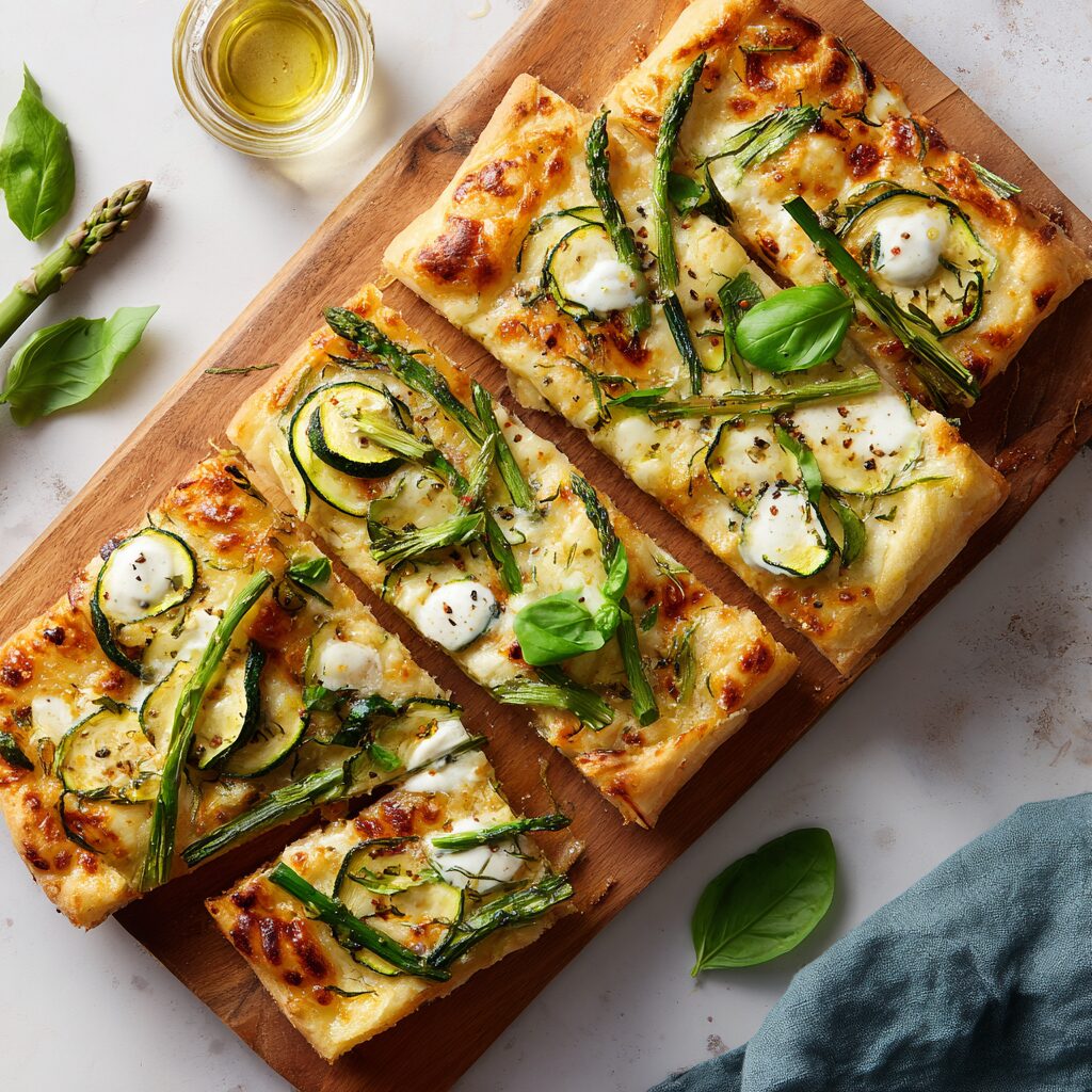 pizza al taglio with seasonal toppings (asparagus, zucchini, basil, mozzarella) on a wooden cutting board.