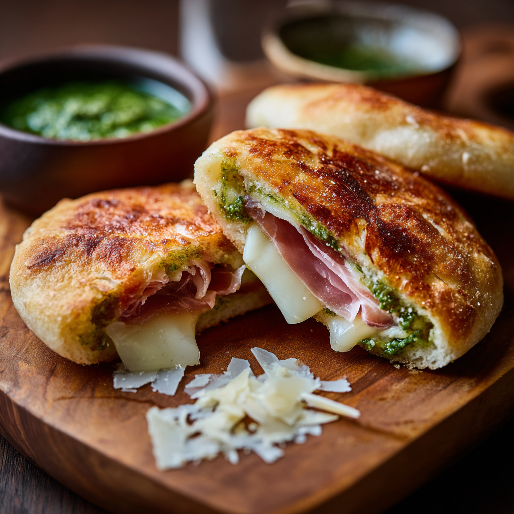 split tigelle bread filled with pesto modenese (creamy lard with garlic and rosemary) and slices of prosciutto di Parma