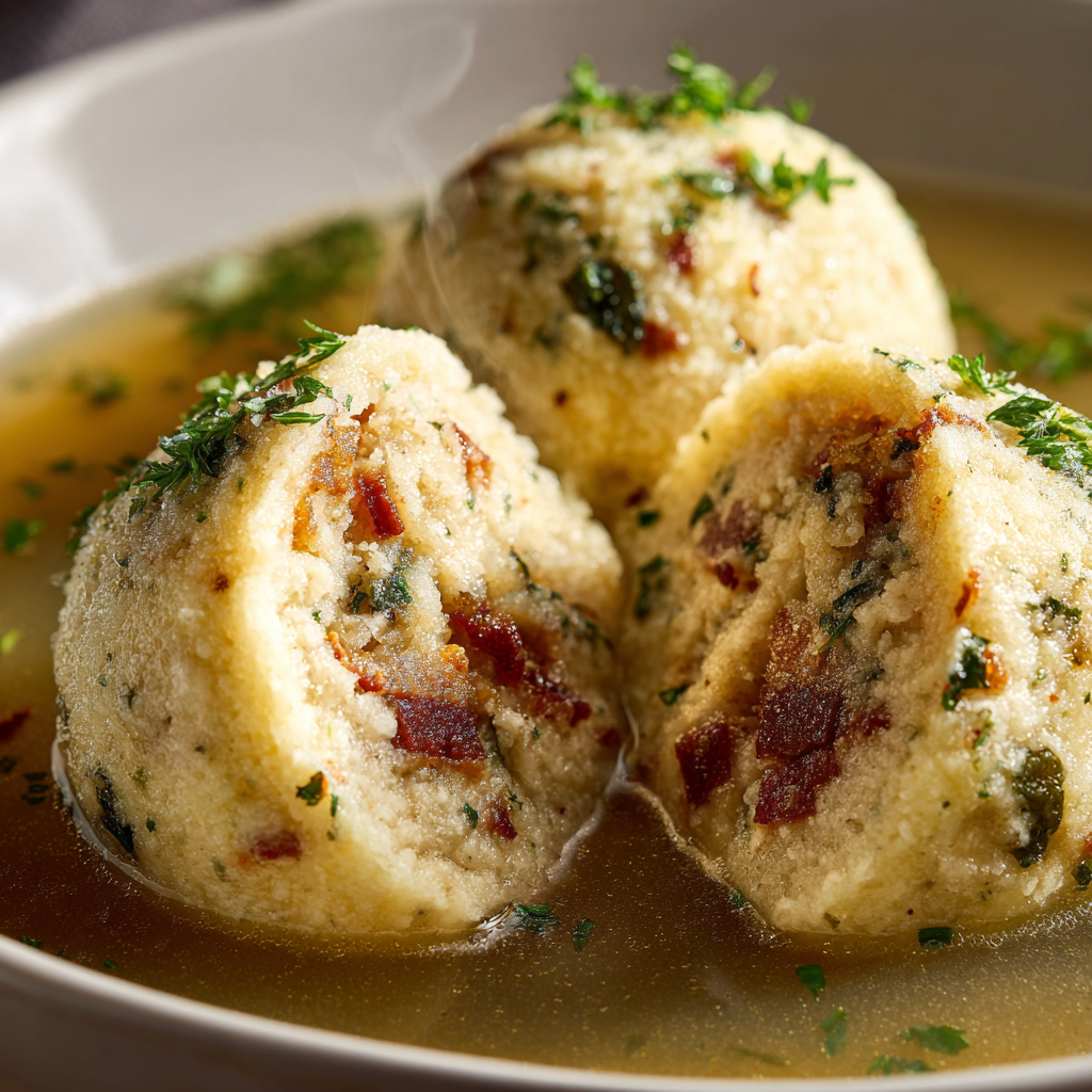 canederli cut in half showing soft, tender interior with bits of speck and herbs inside.