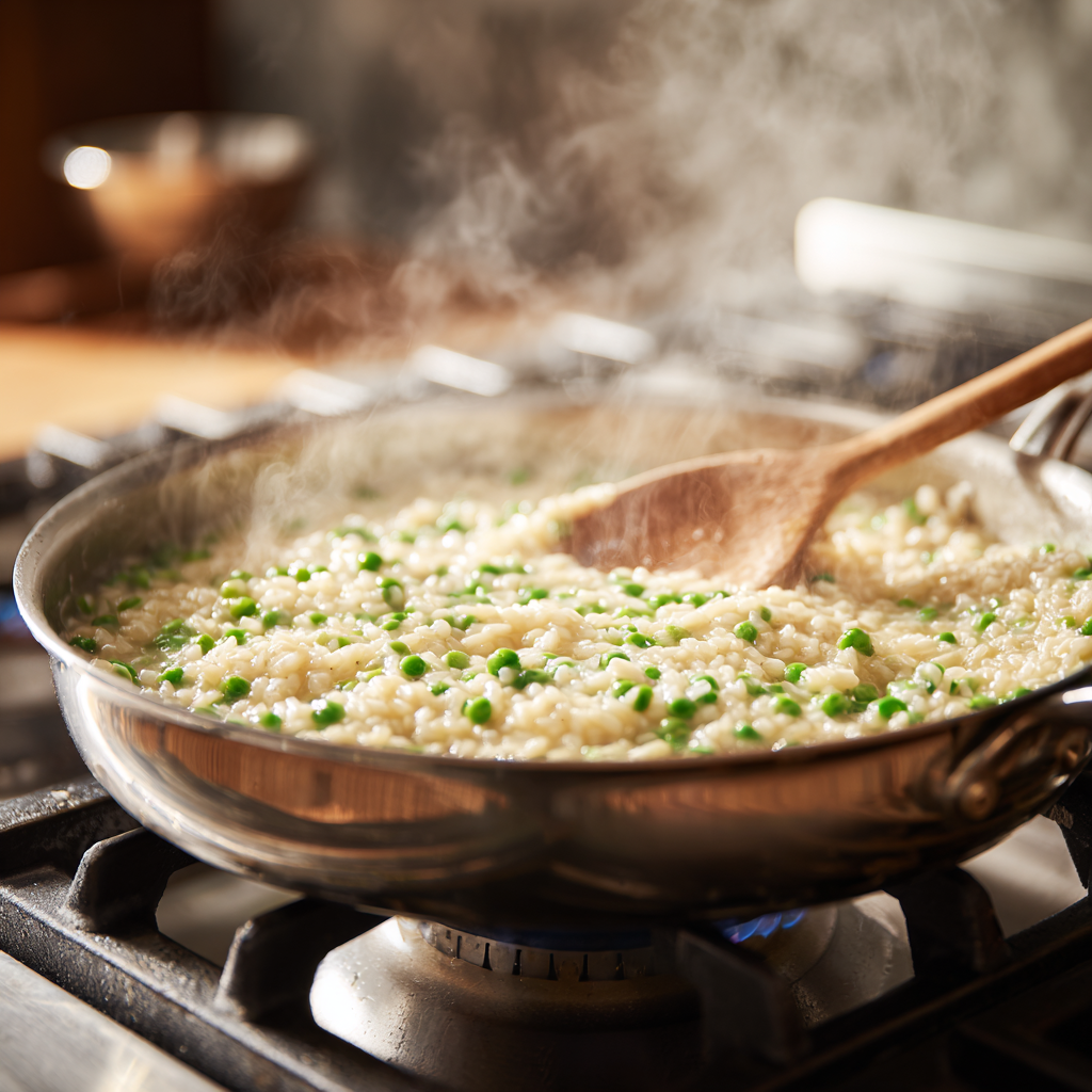 wide stainless-steel pan on a gas stove, filled with simmering risi e bisi risotto. The rice is creamy and moving softly all’onda
