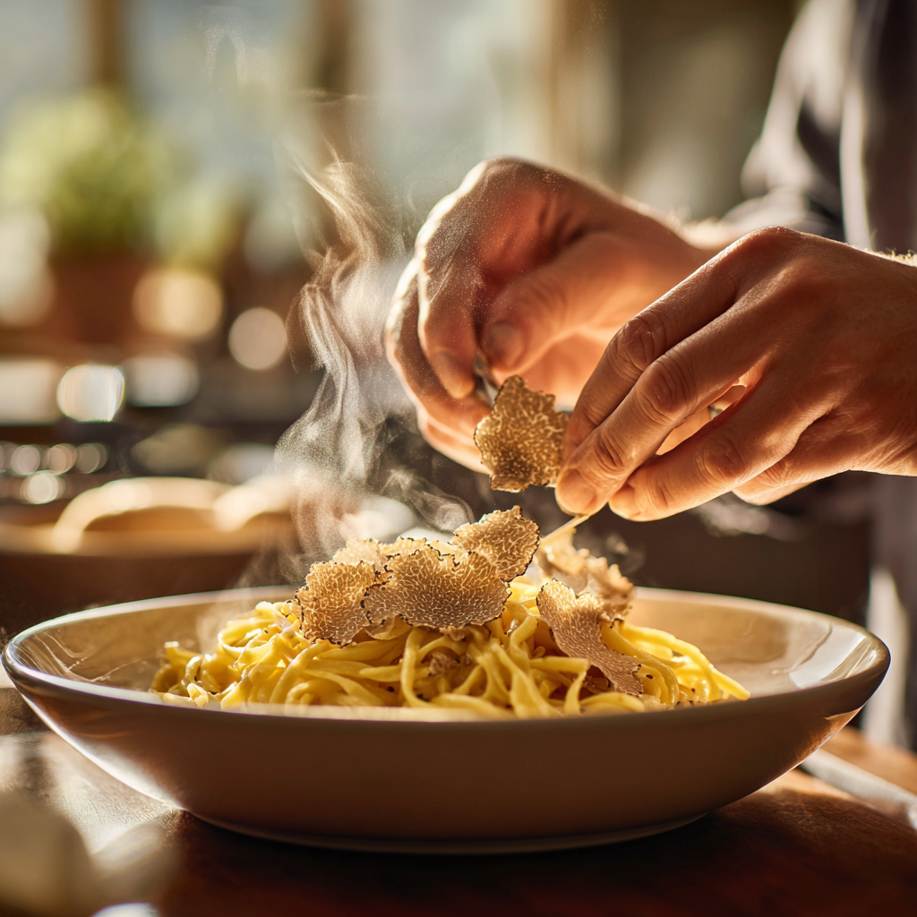 fresh white truffle over a steaming bowl of Tajarin pasta. Butter glistens on the silky noodles, fine steam rises.