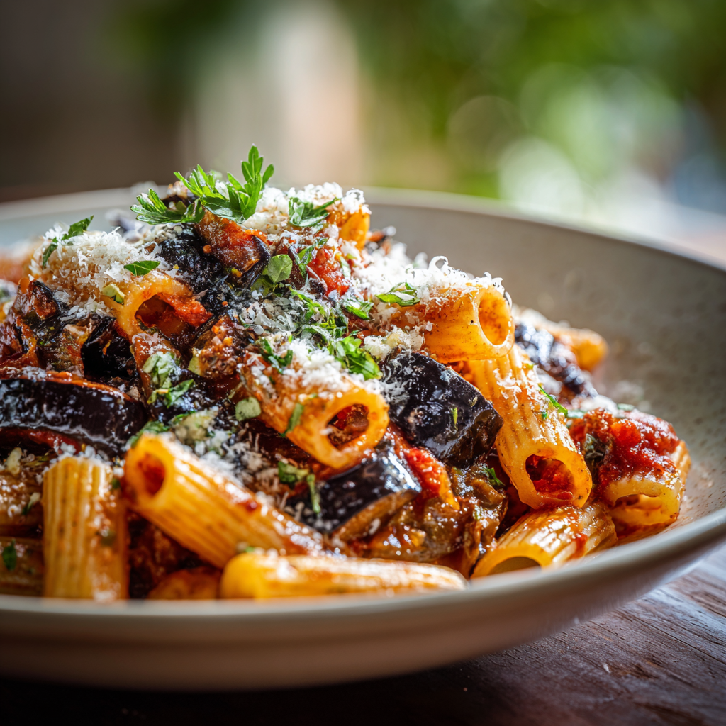 pasta alla norma, highlighting glossy sauce, caramelized eggplant edges, and flecks of grated cheese melting into the tomato.
