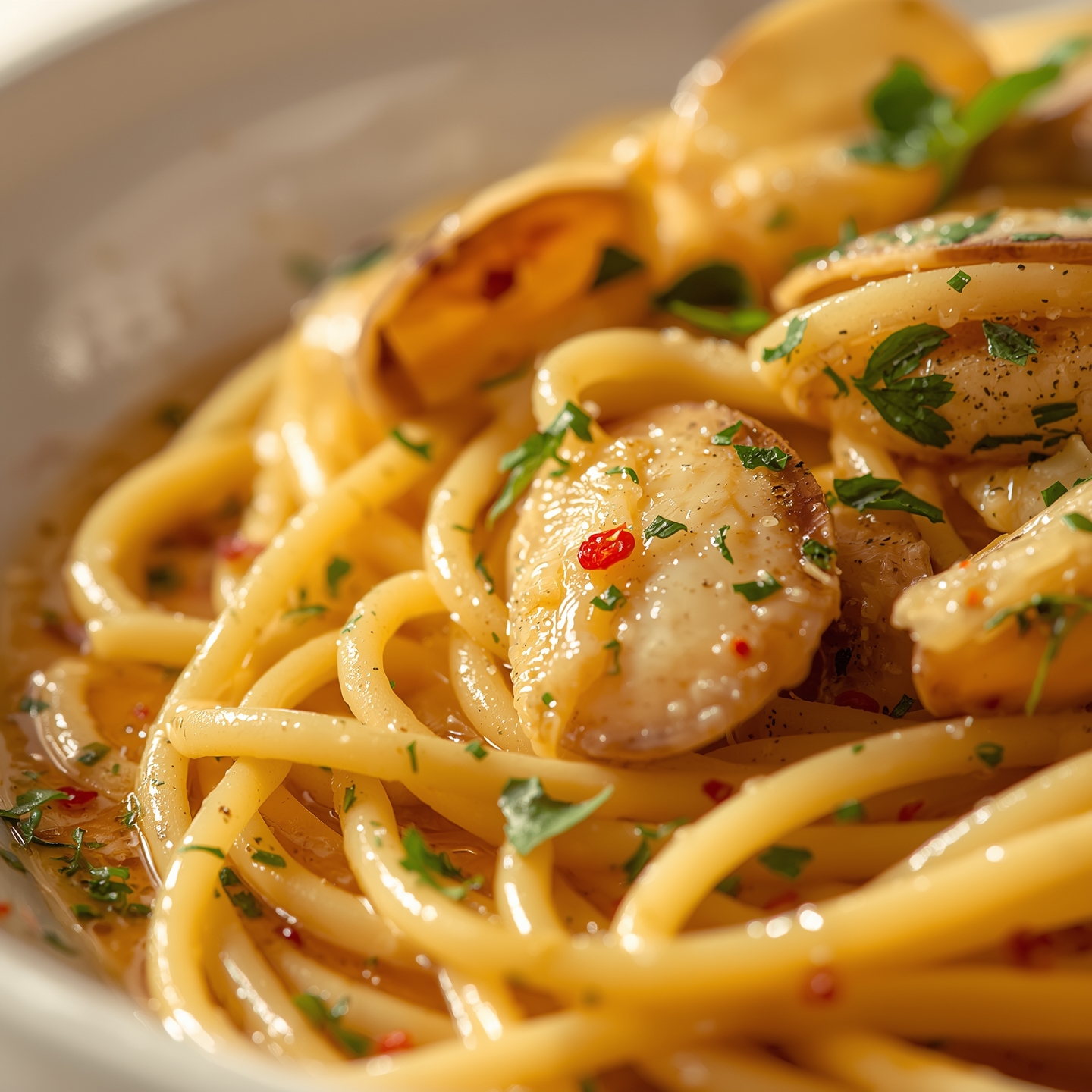 linguine alle vongole showing silky sauce clinging to pasta strands
