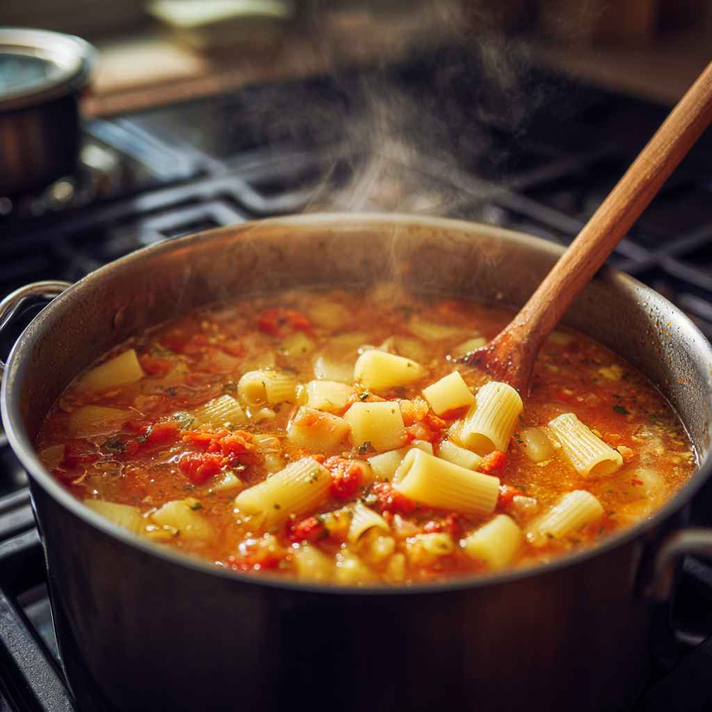 stovetop with diced potatoes, pasta, soffritto (onion, celery, carrot), and tomato base simmering together in a rich broth.