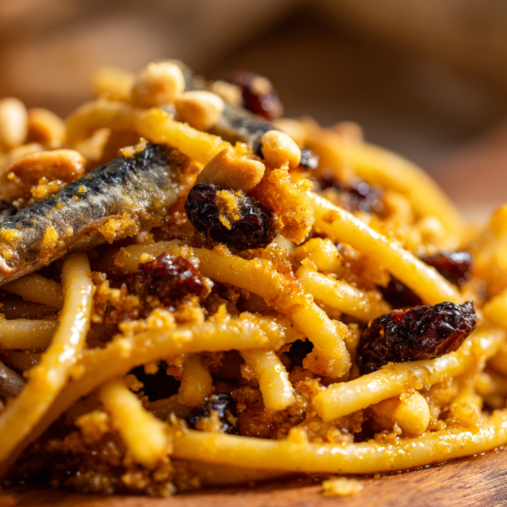 bucatini coated in a golden, glossy sauce with visible sardine pieces, plump raisins, pine nuts, and crunchy breadcrumbs.