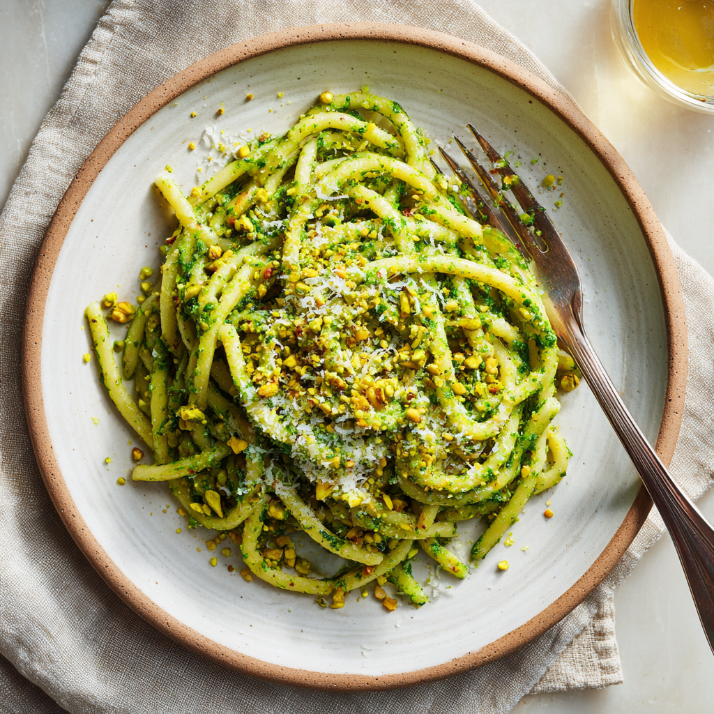 trofie pasta coated in vibrant green pistachio pesto, topped with crushed pistachios and shaved Pecorino Romano.