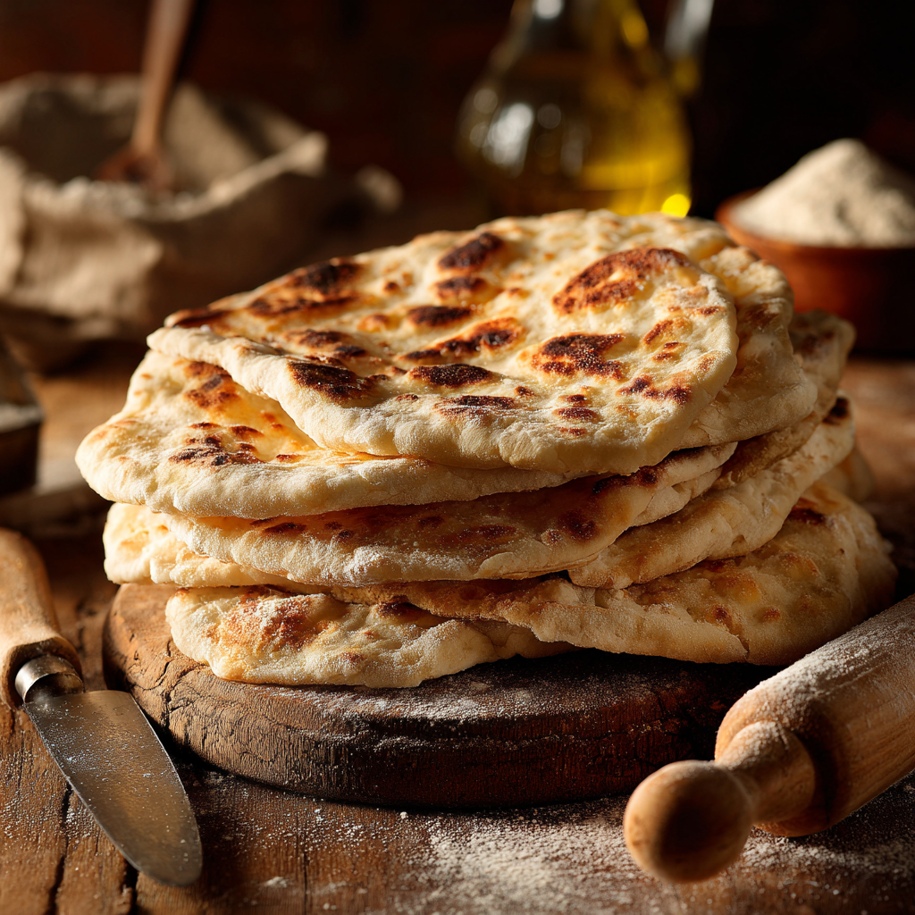 torta al testo flatbread cooking on a hot cast iron skillet. Golden brown spots on the surface, light steam rising, olive oil bottle