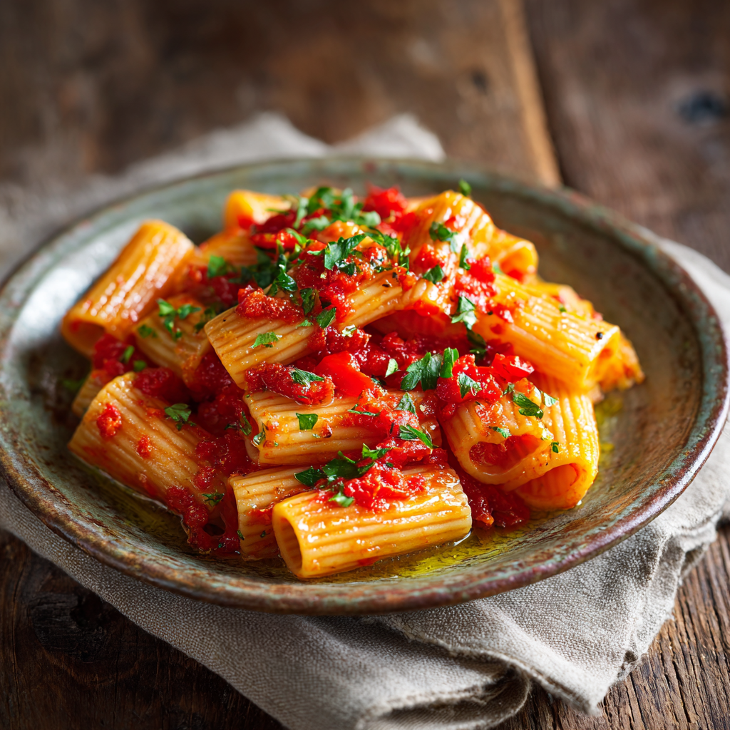 (rigatoni or casarecce) coated in bright red peperonata sauce, topped with chopped parsley and a drizzle of olive oil.
