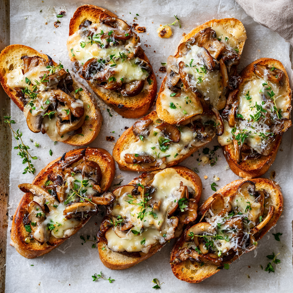 baked crostini ai funghi with melted scamorza and Parmesan, golden edges, served on a parchment-lined baking tray.