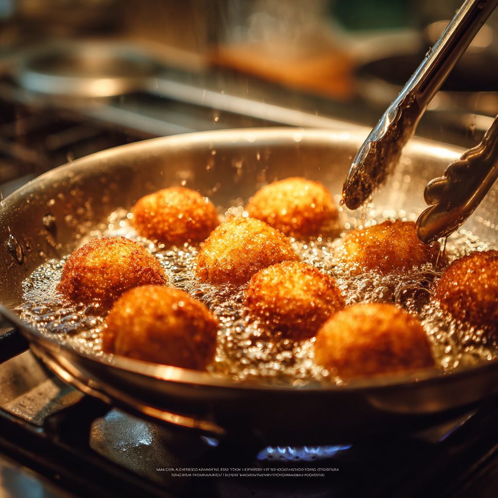 Golden brown Supplì rice balls frying in a pan of hot oil at 350°F, small bubbles around edges