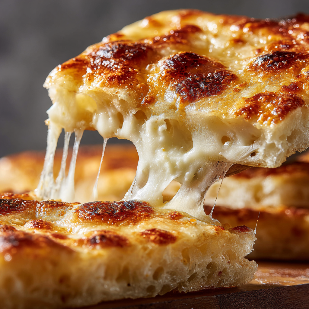 Focaccia di Recco being pulled apart, showing molten cheese stretching between thin, crisp layers of golden dough.