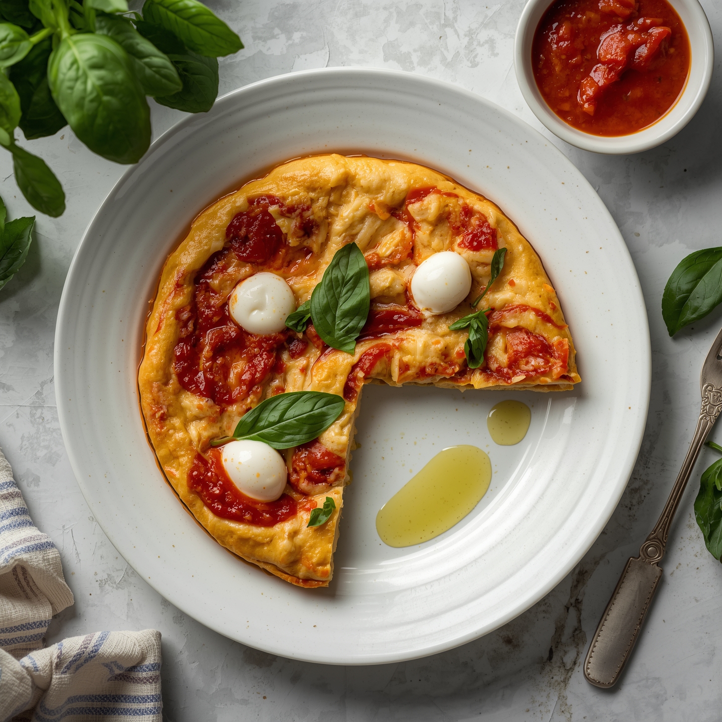 pasta frittata with tomato sauce swirled into the egg mixture, topped with fresh basil leaves and melted mozzarella pearls