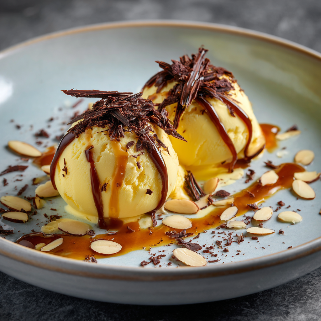 dessert plate with two quenelles of golden saffron gelato, topped with a warm caramel drizzle and thin dark chocolate shavings