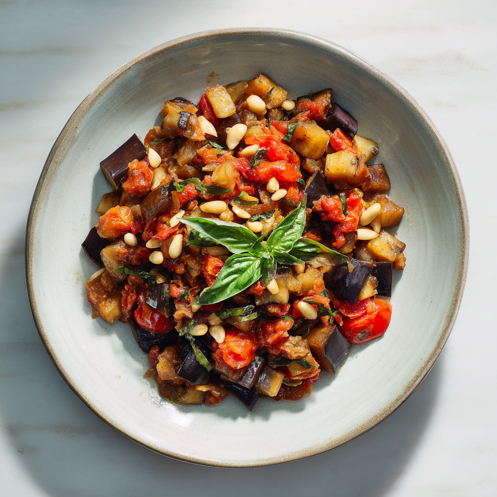 ceramic dish, showing browned eggplant, diced tomatoes, olives, capers, and pine nuts, fresh basil garnish