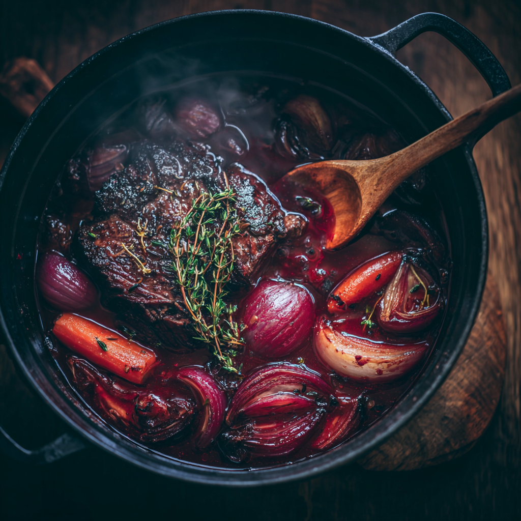 seared beef roast, red wine, onions, and carrots simmering gently.