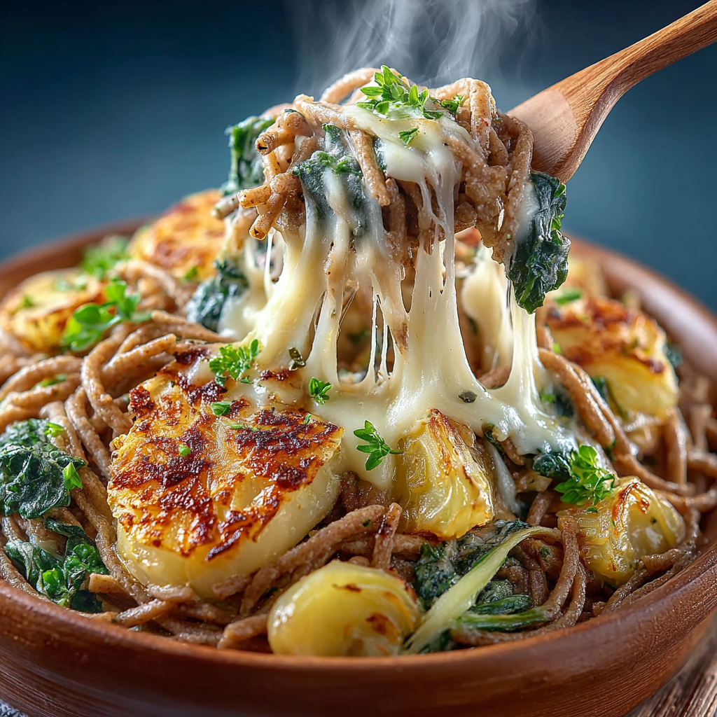 Pizzoccheri alla Valtellinese — showing melted cheese stretching between buckwheat noodles, tender potatoes, and cabbage.