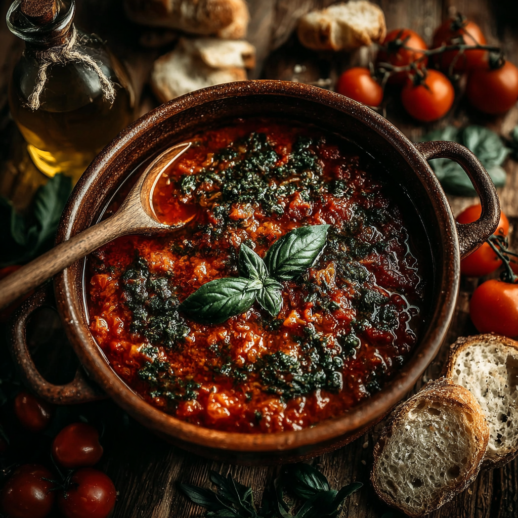 pappa al pomodoro in a pot, with a wooden spoon, fresh basil, olive oil bottle, ripe tomatoes, and torn bread scattered around.