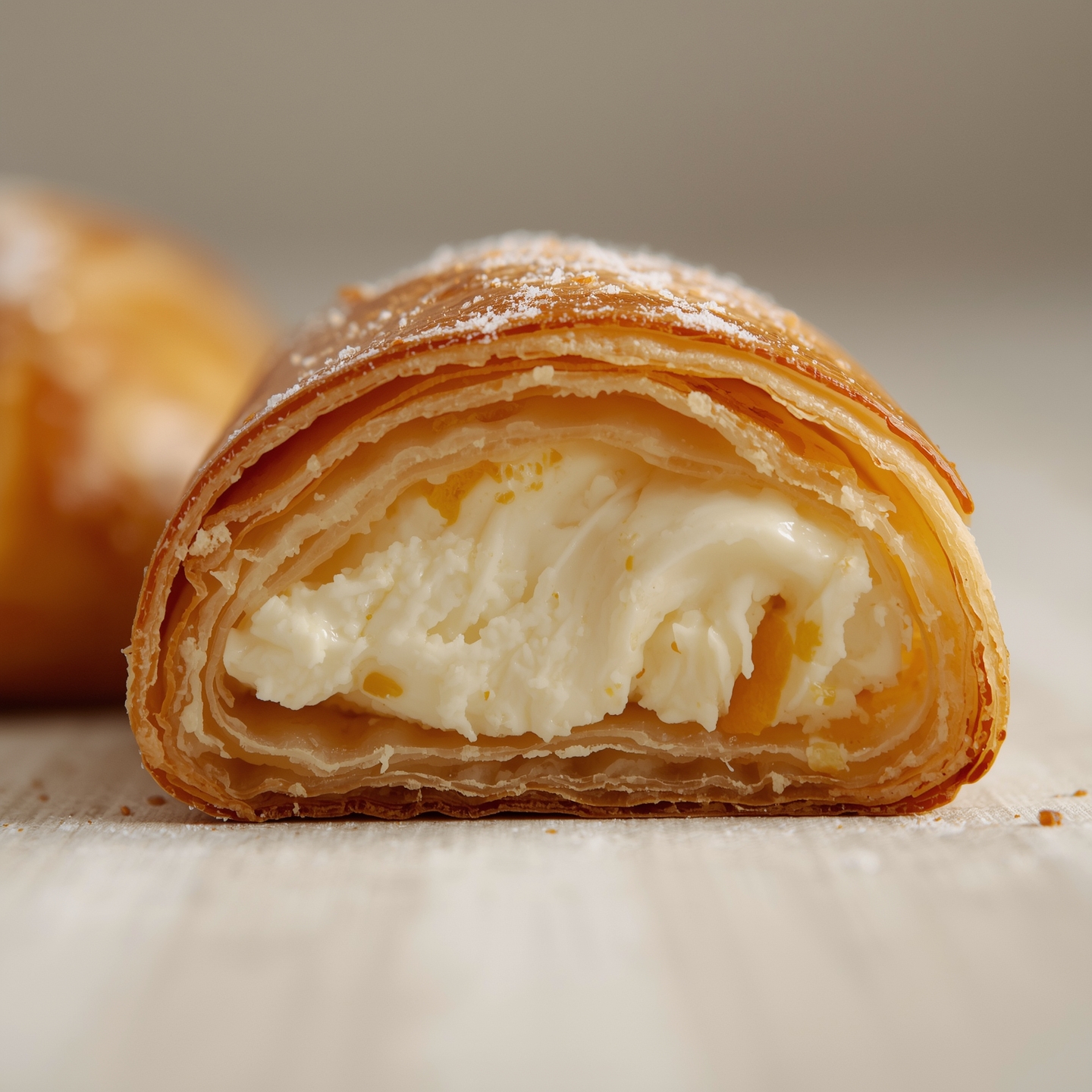 A sfogliatella riccia pastry sliced open to reveal creamy ricotta-semolina filling with hints of citrus peel.