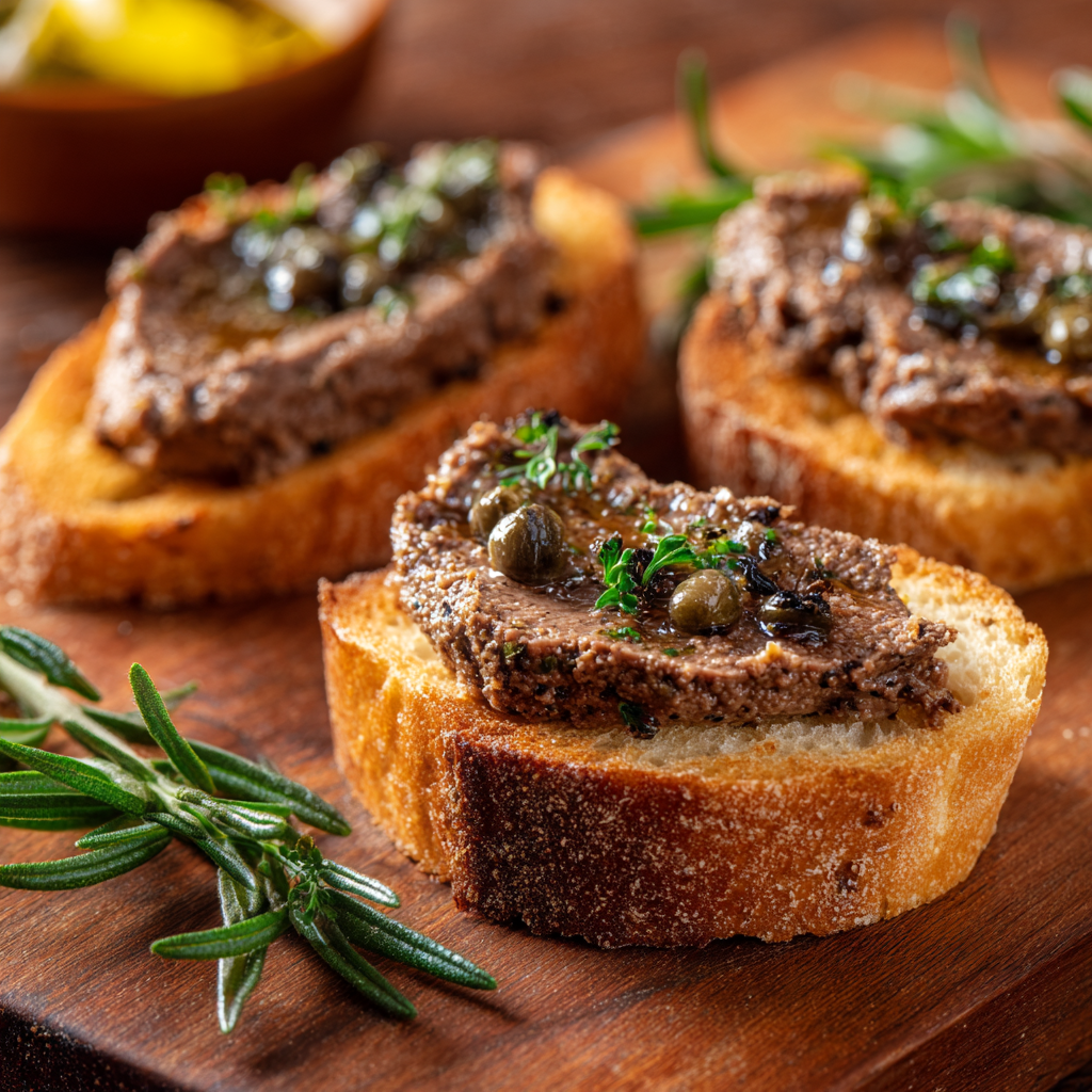 Tuscan chicken liver crostini showing the rustic, slightly coarse paste on toasted bread