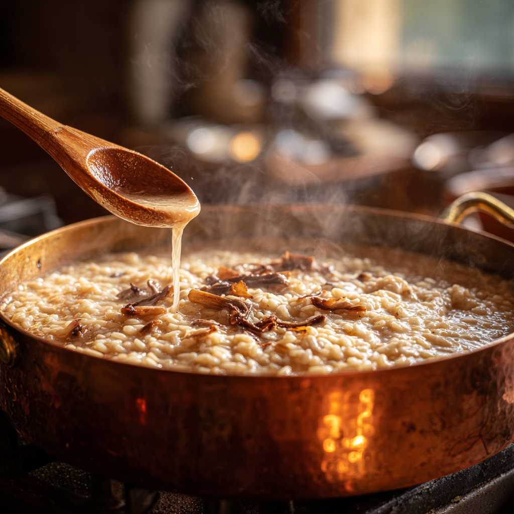 wide copper pan on a stovetop, wooden spoon stirring creamy risotto.